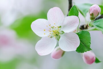 Obraz premium Close-up of a delicate pink and white apple blossom on a branch with green leaves and buds, soft-focus background.