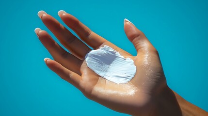 two fingers applying sunscreen on back of the hand, clean background, sunscreen texture is white and glowing subtly. the shot is composed to show the sunscreen texture clearly, right fingers