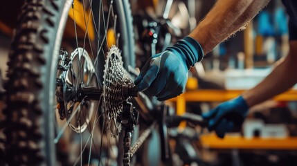 A bike mechanic fine-tuning the brakes of a mountain bike in a small, bustling repair shop