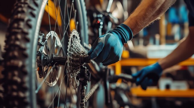 A bike mechanic fine-tuning the brakes of a mountain bike in a small, bustling repair shop - Powered by Adobe