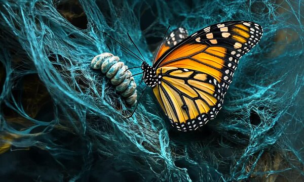 A butterfly perched on a cocoon amidst intricate web-like structures.