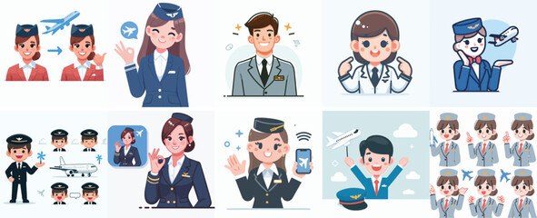 Vector Set of a Flight Attendant in a Simple Flat Design Style