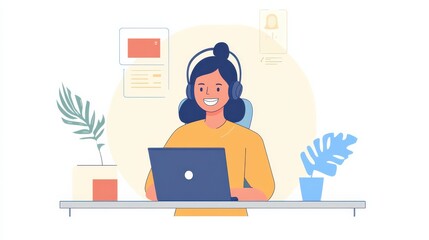 A cheerful customer service agent assisting a client over the phone in a modern call center