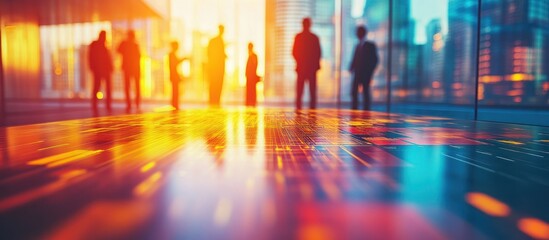 Fototapeta premium Silhouettes of business people standing in a modern office, with a bright and colorful floor.