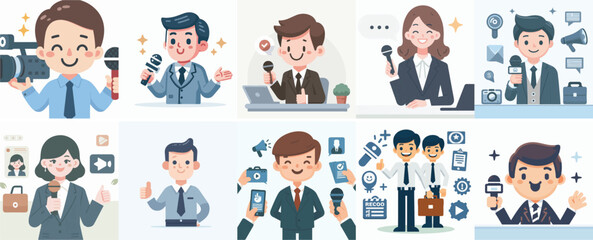 Vector set of a public relations officer who is happy with a simple flat design style