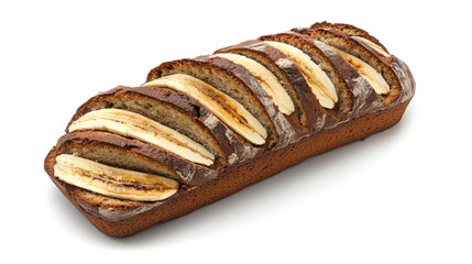 A loaf of banana bread, sliced to reveal its moist texture, homestyle photography, isolated on white background