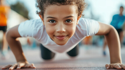 Focused kid doing push ups