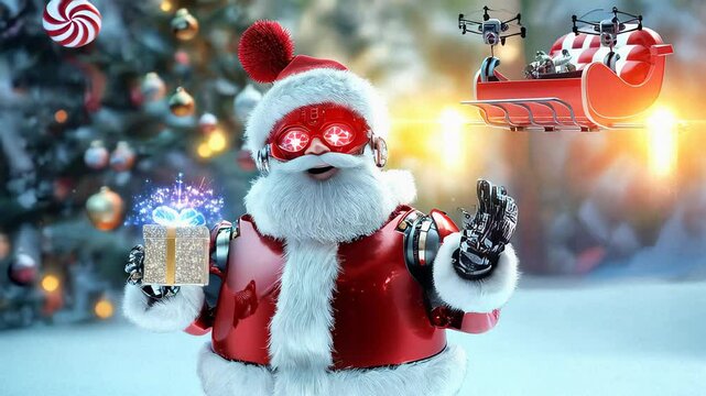 Robotic Santa Claus Holding a Sparkling Gift Near a Christmas Tree Futuristic Holiday Celebration