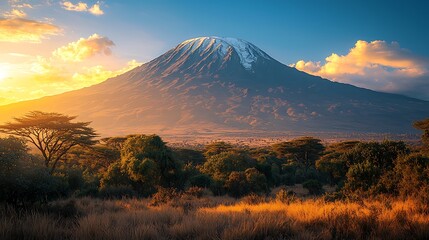 Obraz premium A stunning view of Mount Kilimanjaro in Tanzania, glowing under bright sunlight, no hikers in sight, with a flawless blue sky 