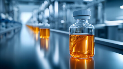Industrial bottles with orange liquid on conveyor.