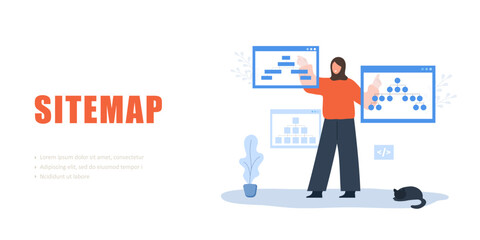 Sitemap concept. Arab Female Developer creation Strategy. Website SEO management. UX designer workflow. Vector illustration.