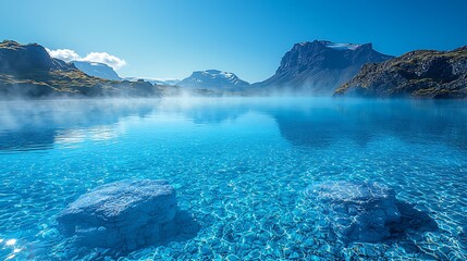 The stunning Blue Lagoon in Iceland, bathed in bright sunlight, no visitors in sight, with a vibrant clear sky 