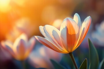 Close-up of a peach and white tulip in sunset light.