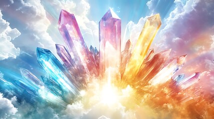 Colorful crystals glowing in a heavenly sky.