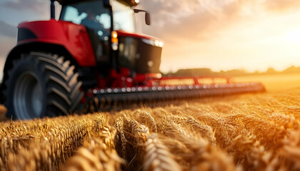 Red tractor harvesting golden wheat fields.