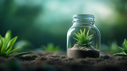 Small plant in jar, surrounded by greenery.