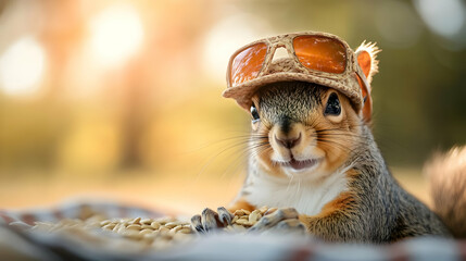 Naklejka premium Squirrel in sunglasses looking playful outdoors.