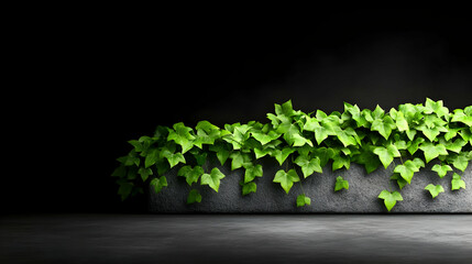 Vibrant green ivy leaves on a dark background.