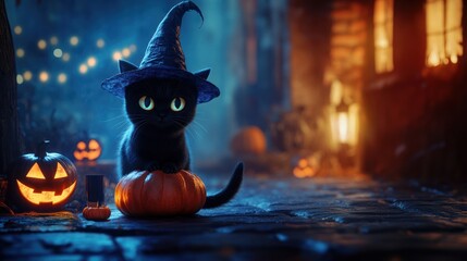 Halloween Black Cat in a Witch Hat
