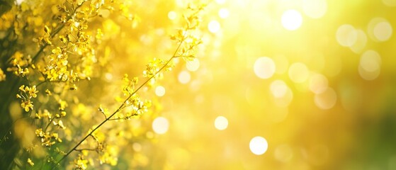 Beautiful yellow summer nature background with blurred scenic landscape, sunlit fields, and vibrant floral elements