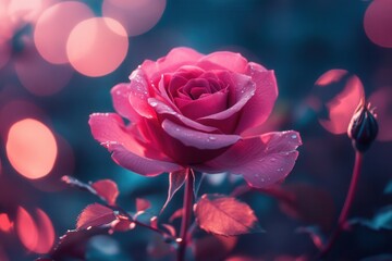 Close-up of a pink rose with water droplets, bokeh background.