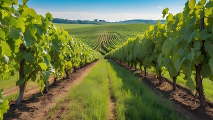 Rows of vines in a green field for harvesting. ripe fruit to make high-quality wines. Artificial Intelligence