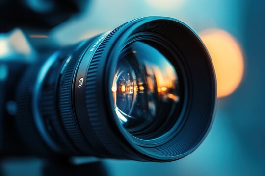 Close-up of a professional camera lens with bokeh background.
