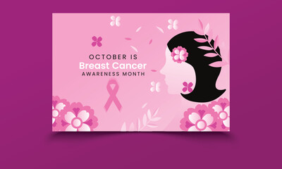 October is breast cancer awareness month banner with woman silhouette and pink flowers