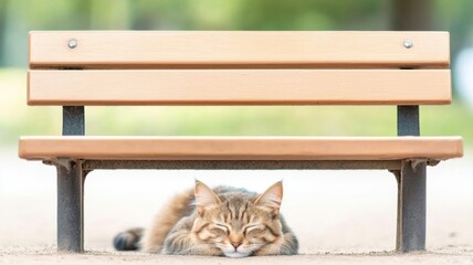 Sleeping cat under a park bench