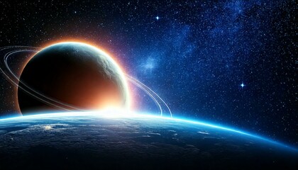 Obraz premium Stunning view of a planet with glowing rings rising above Earth's horizon, set against a starry cosmic background.