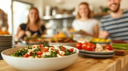 A joyful group of friends and family gathered around a dining table sharing a vibrant and delightful birthday feast together in the comfort of a cozy home setting  The image captures the warmth