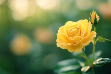 Close-up of a single yellow rose with a bud in soft sunlight.