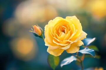 Close-up of a single yellow rose with a bud, softly blurred background.