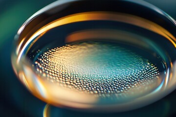 Close-up of a textured surface within a transparent sphere, illuminated with warm and cool light.