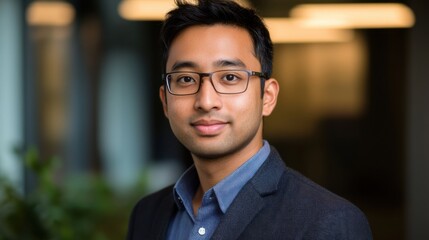 Obraz premium Portrait of a Young Professional Man, IndoAsian, Glasses, Business Attire