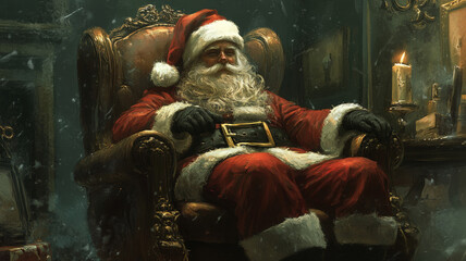 Santa Claus sitting on an antique armchair in a cozy, dimly lit room with candles and festive decorations, evoking a classic Christmas atmosphere.