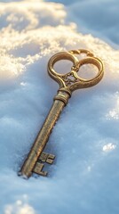 Golden Vintage Key Resting on Snow