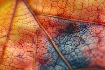 Close-up of a vibrant, multicolored autumn leaf showcasing intricate vein patterns and texture.
