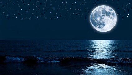 Naklejka premium A calm night sea under the moonlight with gentle waves and a glowing moon in the background, perfect for serene, tranquil, or dreamlike visual designs. 