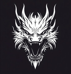 Obraz premium White vector illustration of an angry dragon head on a black background