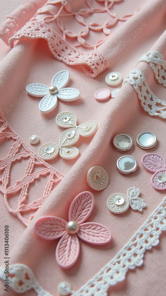 Poster a close up of buttons and lace with a pink background