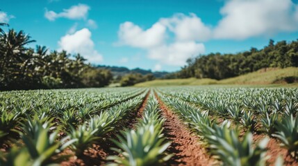 Lush pineapple field under a bright blue sky with scattered clouds.
