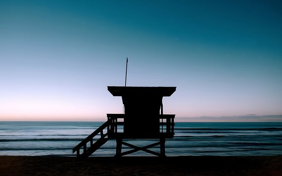 Silhouette of a lifeguard tower against ocean view