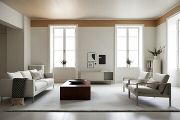Minimalist living room with beige sofa, armchairs, coffee table, and large windows.