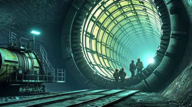 A submerged tunnel boring machine advances through the ocean floor, leaving a perfectly rounded tunnel in its wake. Divers and machines work together to monitor progress.