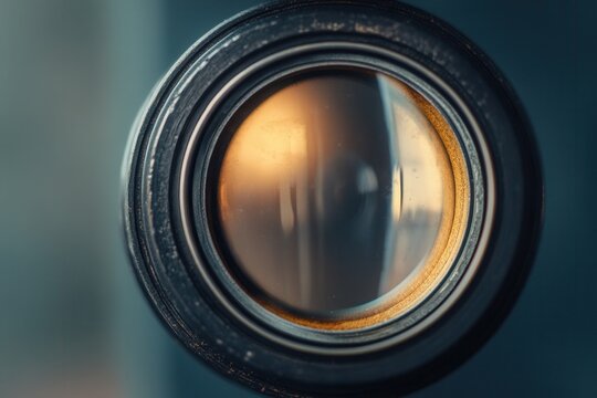 Close-up of a vintage camera lens with a warm light reflection.