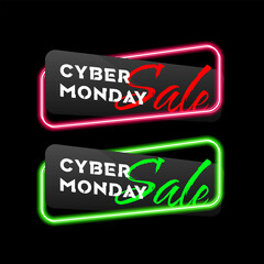 Set of Cyber Monday on geometric neon vector banners. Glossy neon material style. Black Friday Sale labels