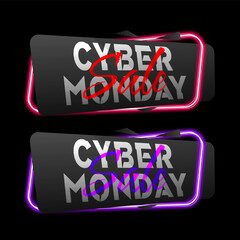 Naklejka premium Set of Cyber Monday on geometric neon vector banners. Glossy neon material style. Black Friday Sale labels