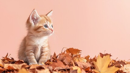 Abandoned lonely cat outdoor. Adorable kitten sitting among colorful autumn leaves against a soft pink background.