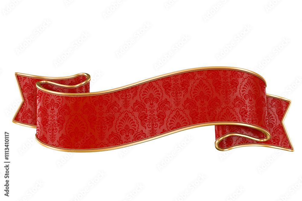 Wall mural red and gold ribbon banner with ornament pattern in 3d render with background transparent